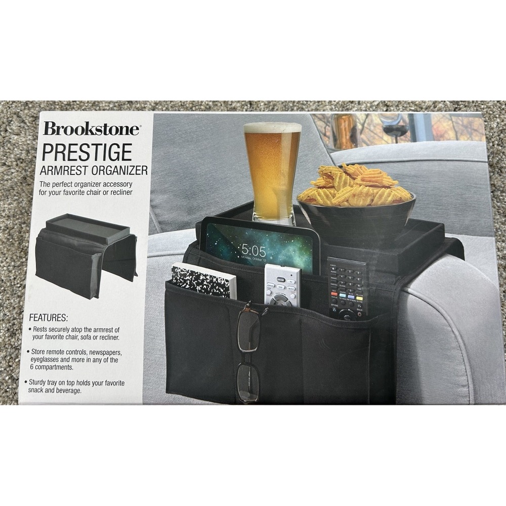 Brookstone 6 Compartment Sofa Armrest Organizer Black Caddie Couch Tray, New